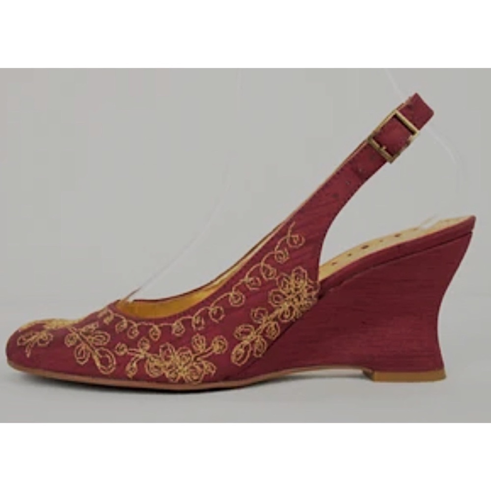 BCBG gold embroidered wine red Y2K low heel wedge slingback heels